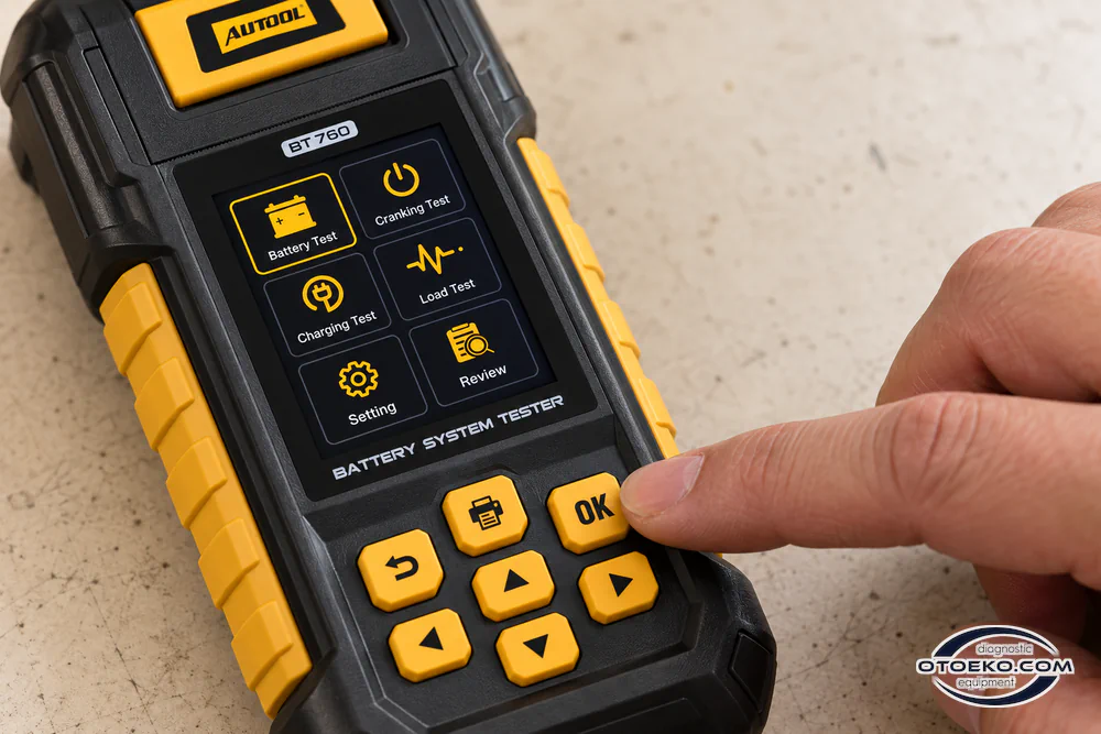 AUTOOL BT760 colour main menu and seven yellow physical keys, with a technician using the OK key.